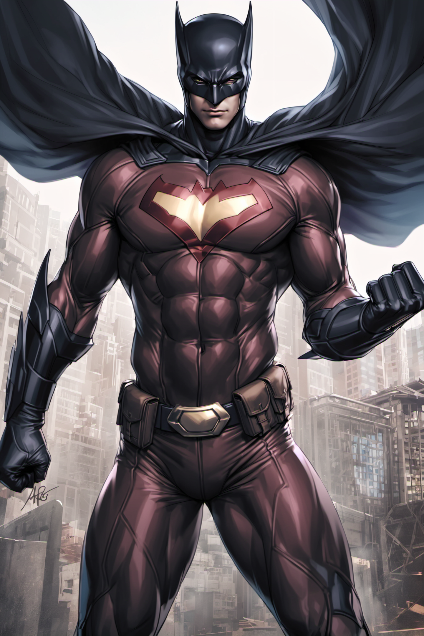 24575-3650474939-cape,superhero,male focus,1boy,mask,muscular,weapon,signature,belt,bodysuit,black cape,realistic,_lora_Artgerm_XL_0.8_,.png